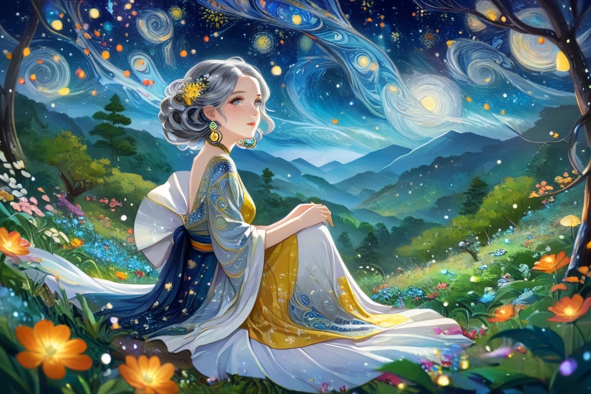 Masterpiece, 4K, ultra detailed, ((solo)), anime impressionism art style, elegant mature woman with beautiful detailed eyes and glamorous makeup, long flowy gray hair, finely detailed earrings, sitting in a flowering forest, swirling starry night, more detail XL, SFW, depth of field,ukiyoe,glitter,colorful