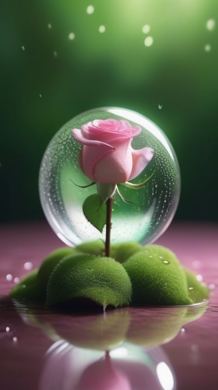 a transparent sphere filled with clear water and a few droplets of water,below the sphere is a green mossy ground, on which grows a tender pink rose with two large leaves and a thin stem,love heart shape,the entire scene is illuminated by a soft green light, giving a sense of tranquility and harmony,
photorealistic

