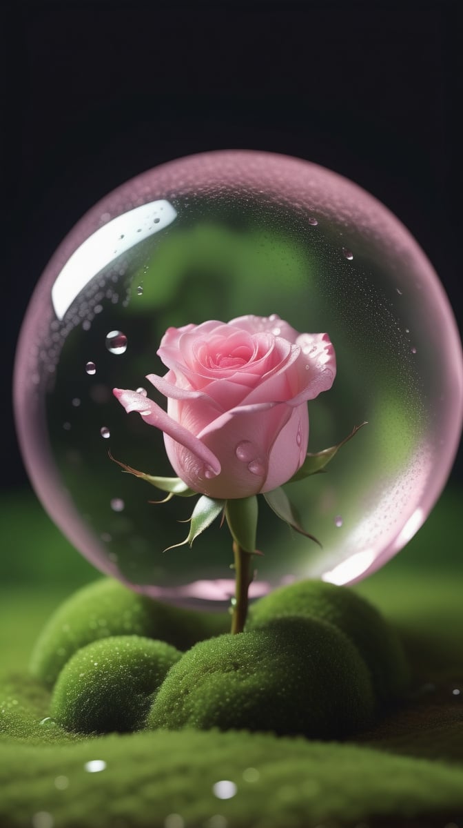 a big transparent sphere filled with clear water and a few droplets of water,below the sphere is a green mossy ground, on which grows a tender pink rose with two large leaves and a thin stem,love heart shape,the entire scene is illuminated by a soft pink light, giving a sense of tranquility and harmony,
photorealistic

