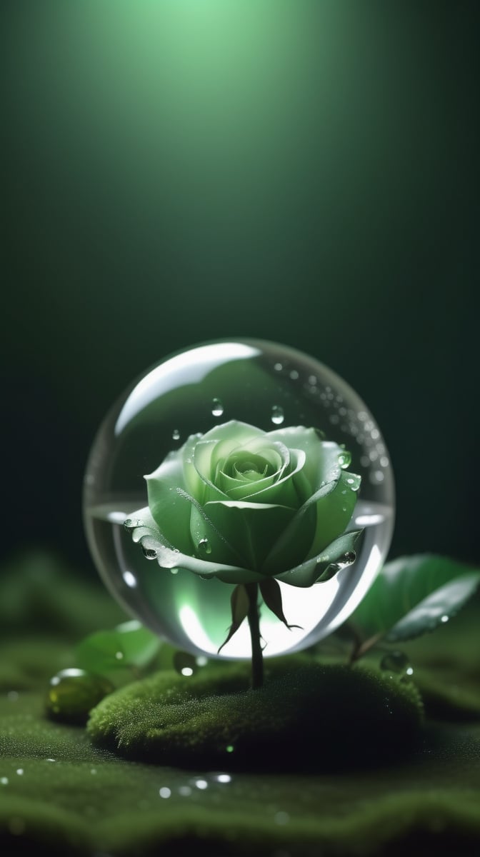 a simple blurred dark moss green background, a big transparent crystal  sphere filled with clear water and a few droplets of water,in which grows a tender green rose with two large leaves and a thin stem,love heart shape,the entire scene is illuminated by a soft green light, giving a sense of tranquility and harmony,
photorealistic

