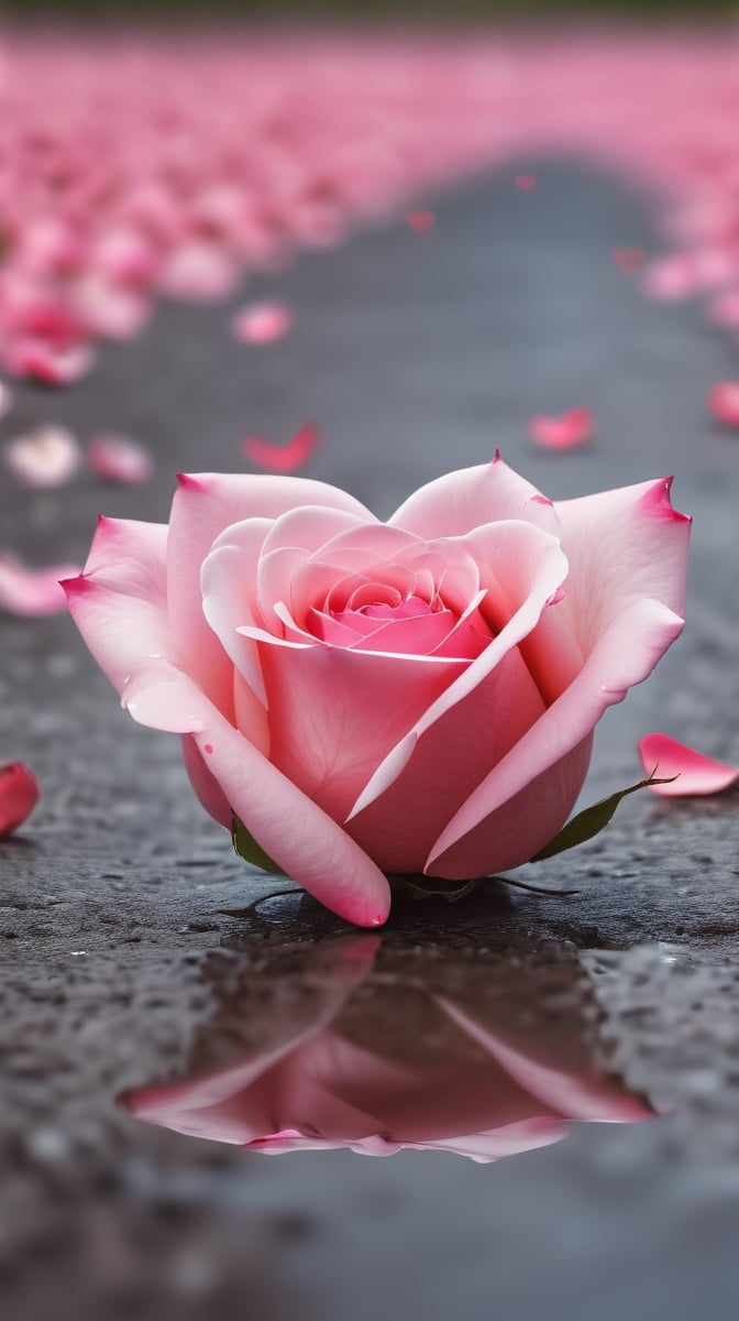 one pink blooming rose,(falling petals),blur background, and the petals formed a heart shape on the ground, photorealistic