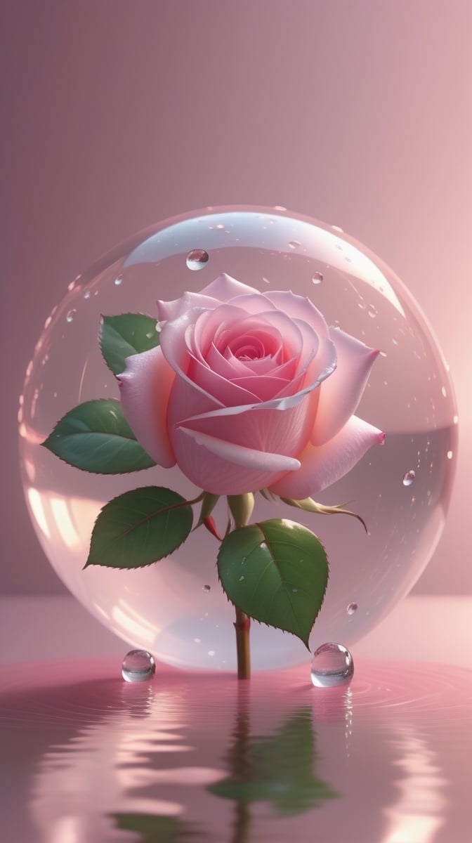 a big transparent sphere filled with clear water and a few droplets of water,in which grows a tender pink rose with two large leaves and a thin stem,love heart shape,the entire scene is illuminated by a soft pink light, giving a sense of tranquility and harmony,
photorealistic

