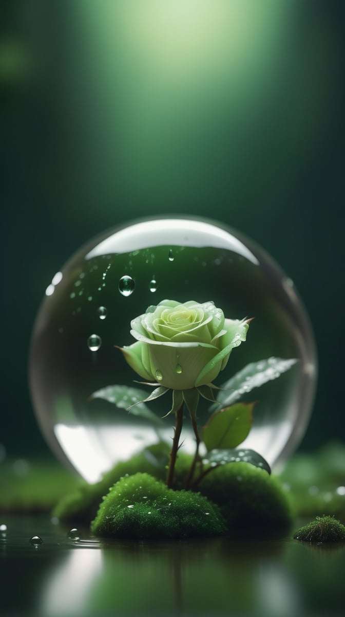 a simple blurred dark moss green background, a big transparent crystal  sphere filled with clear water and a few droplets of water,in which grows a tender green rose with two large leaves and a thin stem,love heart shape,the entire scene is illuminated by a soft green light, giving a sense of tranquility and harmony,
photorealistic

