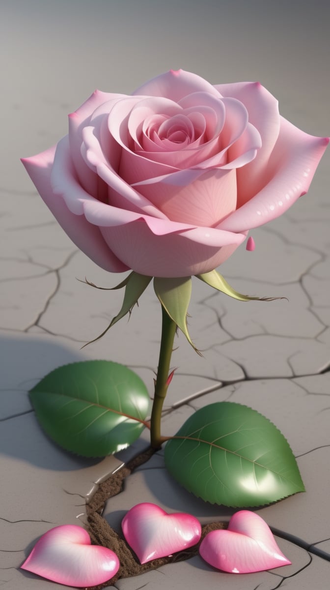 one pink blooming rose,the petals are falling, the petals formed a lovely heart shape on the ground,with a thin root system, high quality,
photorealistic

