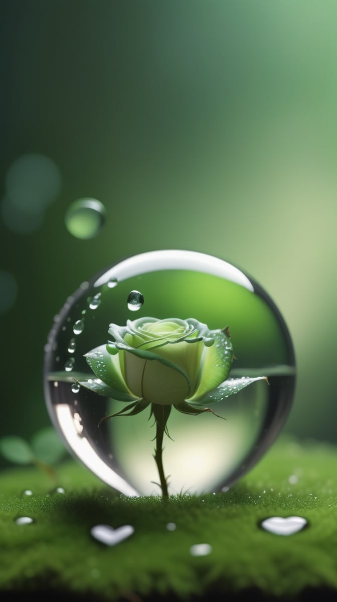 a simple blurred moss green background, a big transparent sphere filled with clear water and a few droplets of water,in which grows a tender green rose with two large leaves and a thin stem,love heart shape,the entire scene is illuminated by a soft green light, giving a sense of tranquility and harmony,
photorealistic

