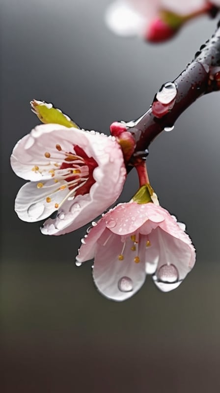  a blooming cherry branch covered in drew and rain drops
