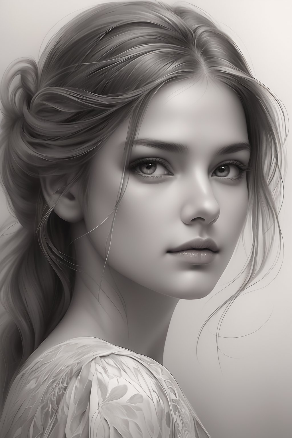A beautifully rendered pencil art portrait of a woman with a captivating gaze. The illustration showcases her delicate facial features, with soft shading and detailing that brings the image to life. The background is a subtle blend of gray tones, drawing focus to the woman's captivating expression and the intricate strands of her hair. The overall effect is a timeless, elegant piece that captures the essence of the subject's soul.