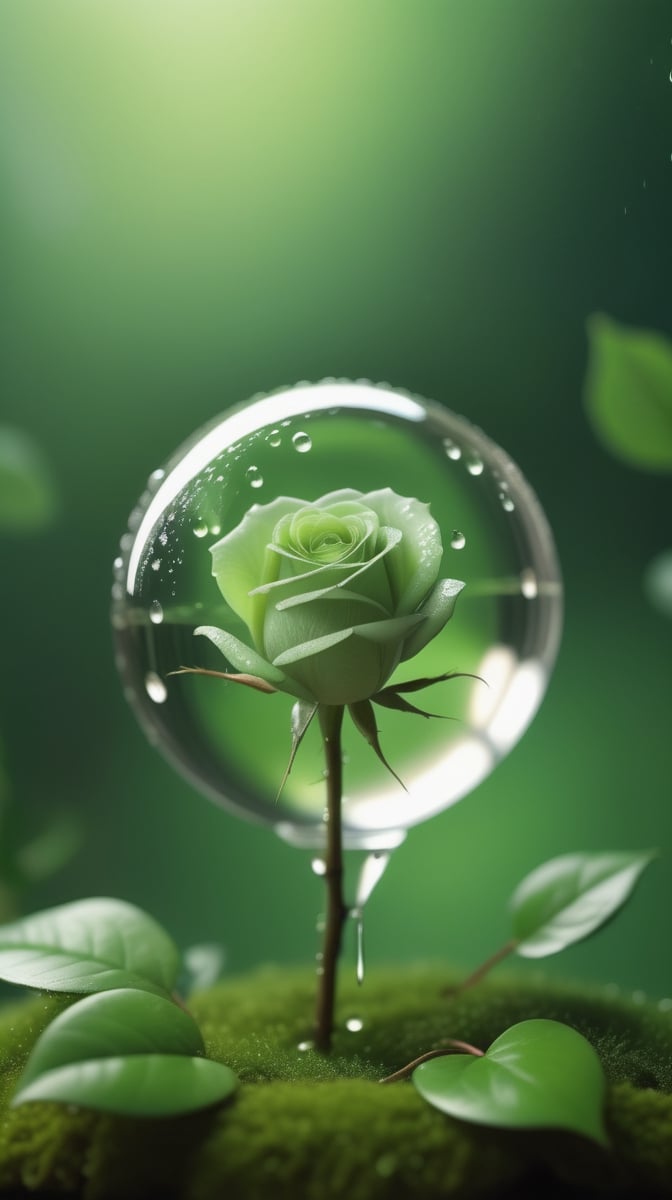 a simple blurred moss green background, a big transparent sphere filled with clear water and a few droplets of water,in which grows a tender green rose with two large leaves and a thin stem,love heart shape,the entire scene is illuminated by a soft green light, giving a sense of tranquility and harmony,
photorealistic

