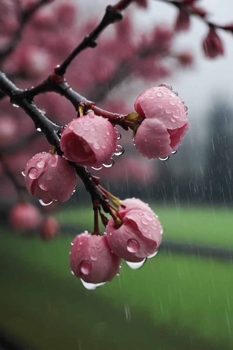  a blooming cherry branch covered by heavy drew and rain drops
