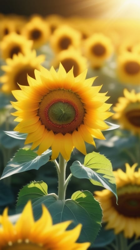 blank pure blured backround,  blooming Sunflowers,  the petals are falling on the ground at the bottom of the picture,  sunlight
high photorealistic