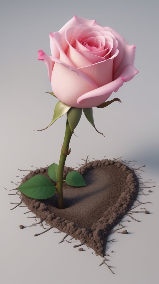 one pink blooming rose,the petals are falling, the petals formed a lovely heart shape on the ground,with a thin root system, high quality,
photorealistic

