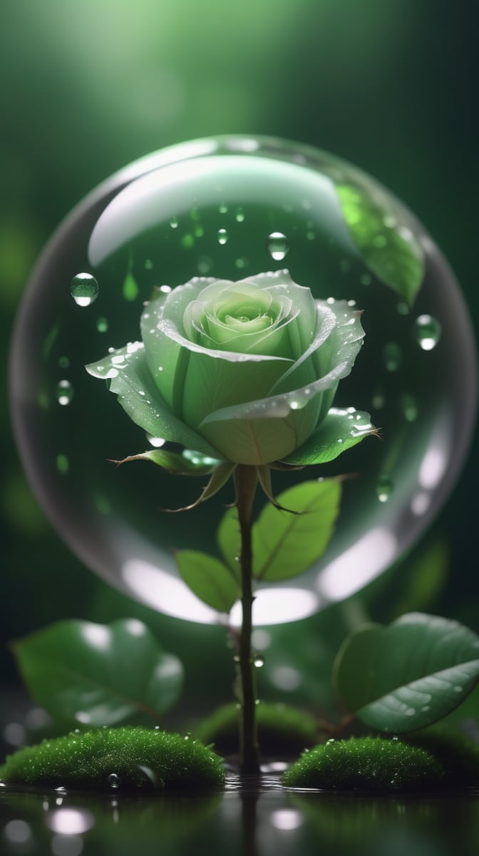 a simple blurred dark moss green background, a big transparent crystal  sphere filled with clear water and a few droplets of water,in which grows a tender green rose with two large leaves and a thin stem,love heart shape,the entire scene is illuminated by a soft green light, giving a sense of tranquility and harmony,
photorealistic

