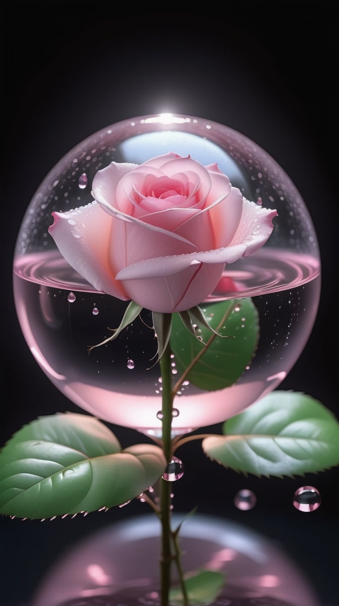 a big transparent sphere filled with clear water and a few droplets of water,in which grows a tender pink rose with two large leaves and a thin stem,love heart shape,the entire scene is illuminated by a soft pink light, giving a sense of tranquility and harmony,
photorealistic

