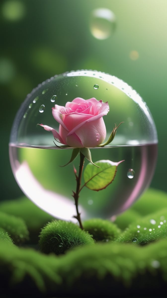 a simple blurred moss green background, a big transparent sphere filled with clear water and a few droplets of water,in which grows a tender pink rose with two large leaves and a thin stem,love heart shape,the entire scene is illuminated by a soft green light, giving a sense of tranquility and harmony,
photorealistic

