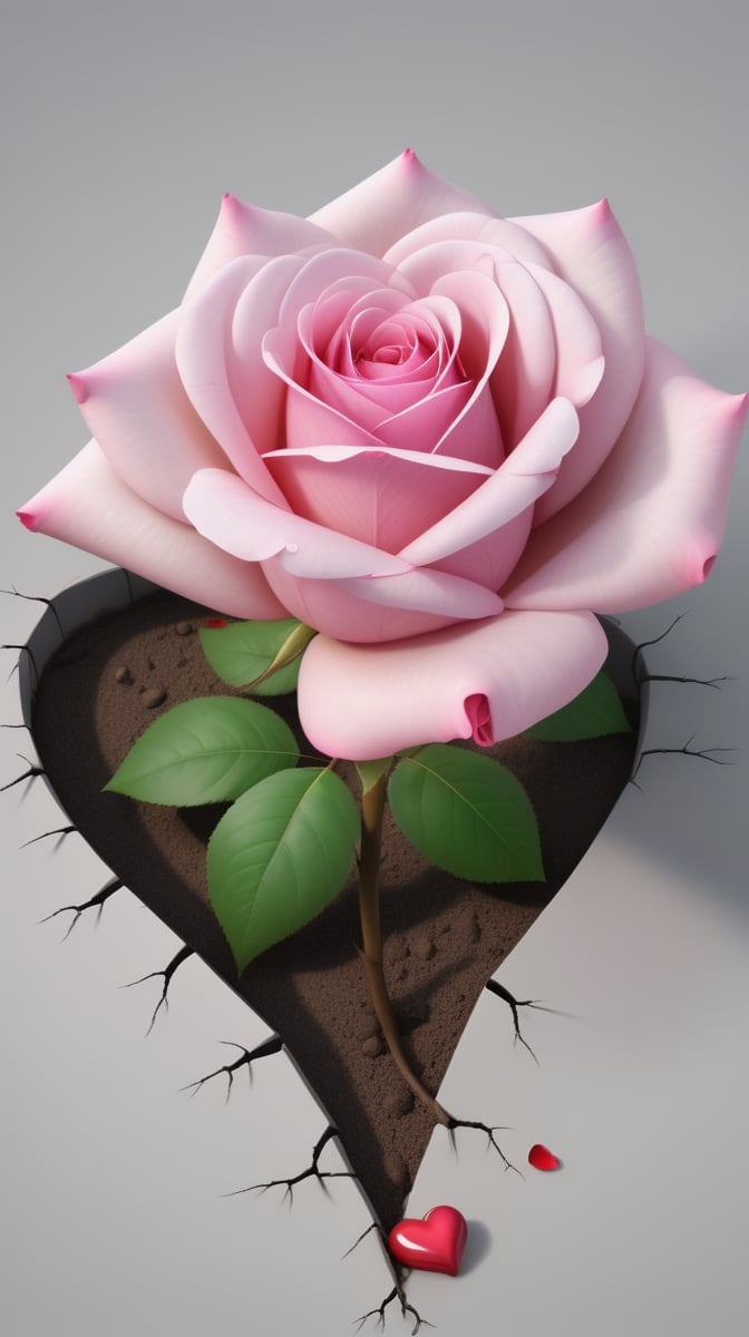 one pink blooming rose,the petals are falling, the petals formed a lovely heart shape on the ground,with a thin root system, high quality,
photorealistic

