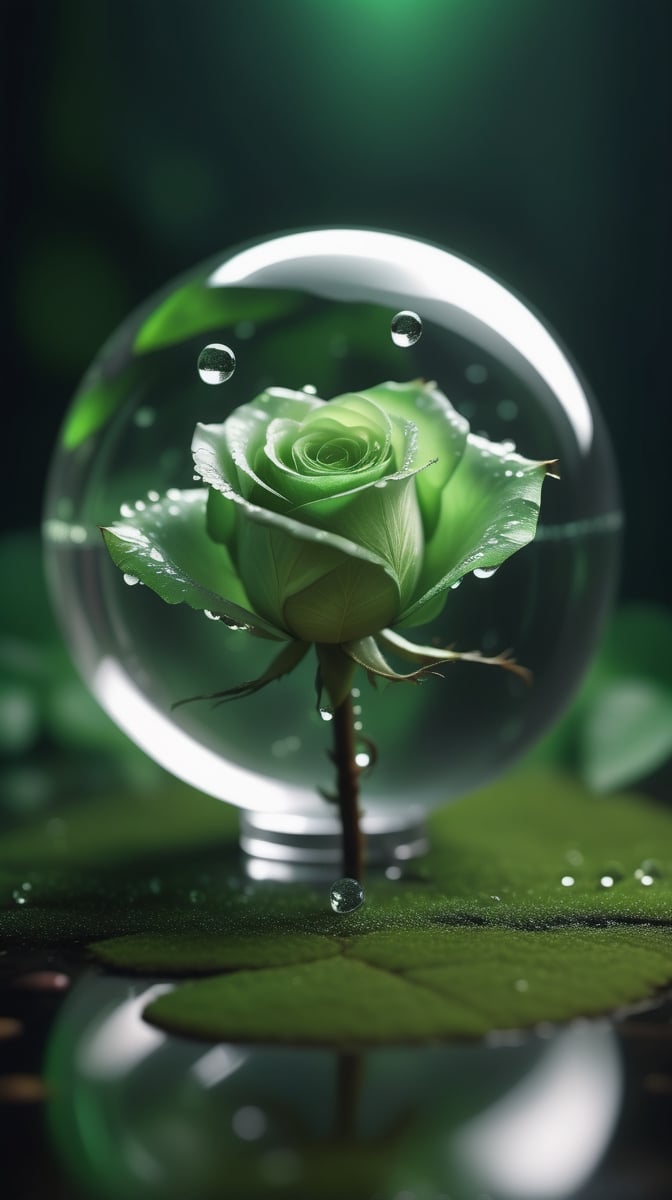 a simple blurred dark moss green background, a big transparent crystal  sphere filled with clear water and a few droplets of water,in which grows a tender green rose with two large leaves and a thin stem,love heart shape,the entire scene is illuminated by a soft green light, giving a sense of tranquility and harmony,
photorealistic

