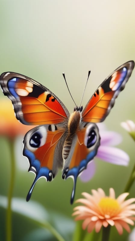 a simple pure blank background, a colorfull butterfly,gracefully landing on kinds of flowers, portrayed in a realistic photographic style with a macro lens, capturing the smallest details