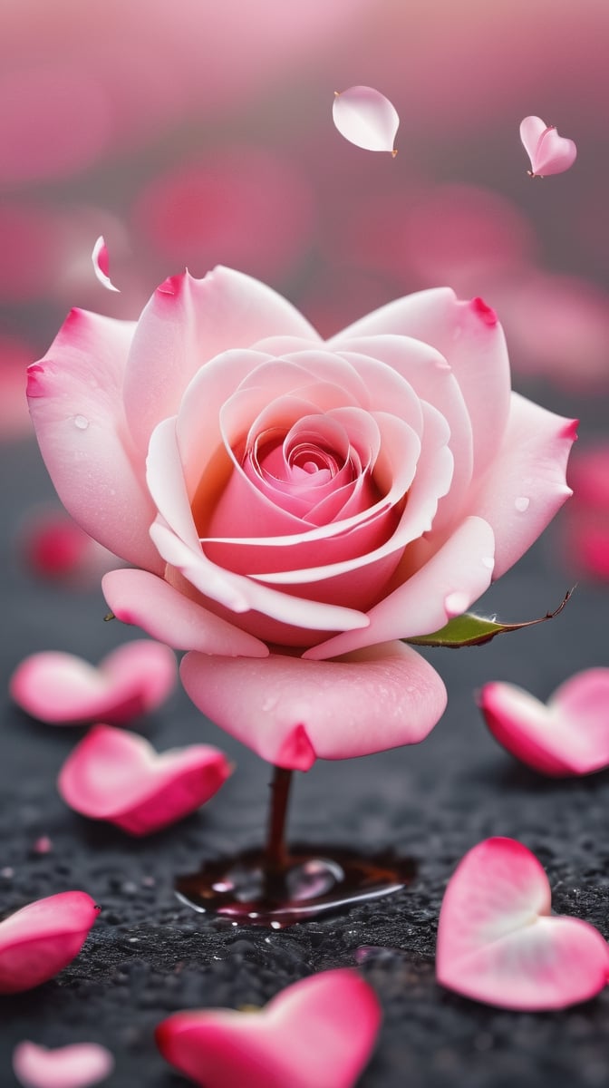 one pink blooming rose,(falling petals),blur background, and the petals formed a heart shape on the ground, photorealistic