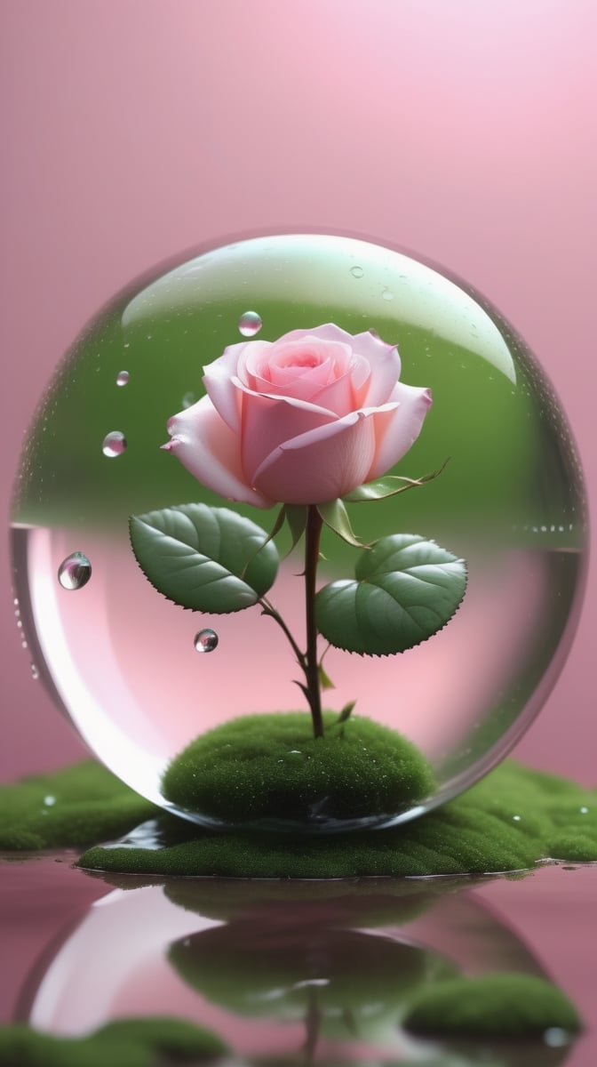 a big transparent sphere filled with clear water and a few droplets of water,below the sphere is a green mossy ground, on which grows a tender pink rose with two large leaves and a thin stem,love heart shape,the entire scene is illuminated by a soft pink light, giving a sense of tranquility and harmony,
photorealistic

