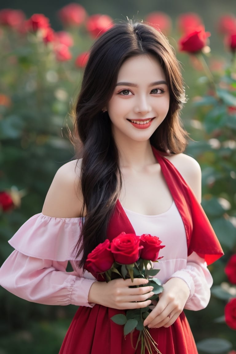 a beautiful girl, rose in hand,smile to you