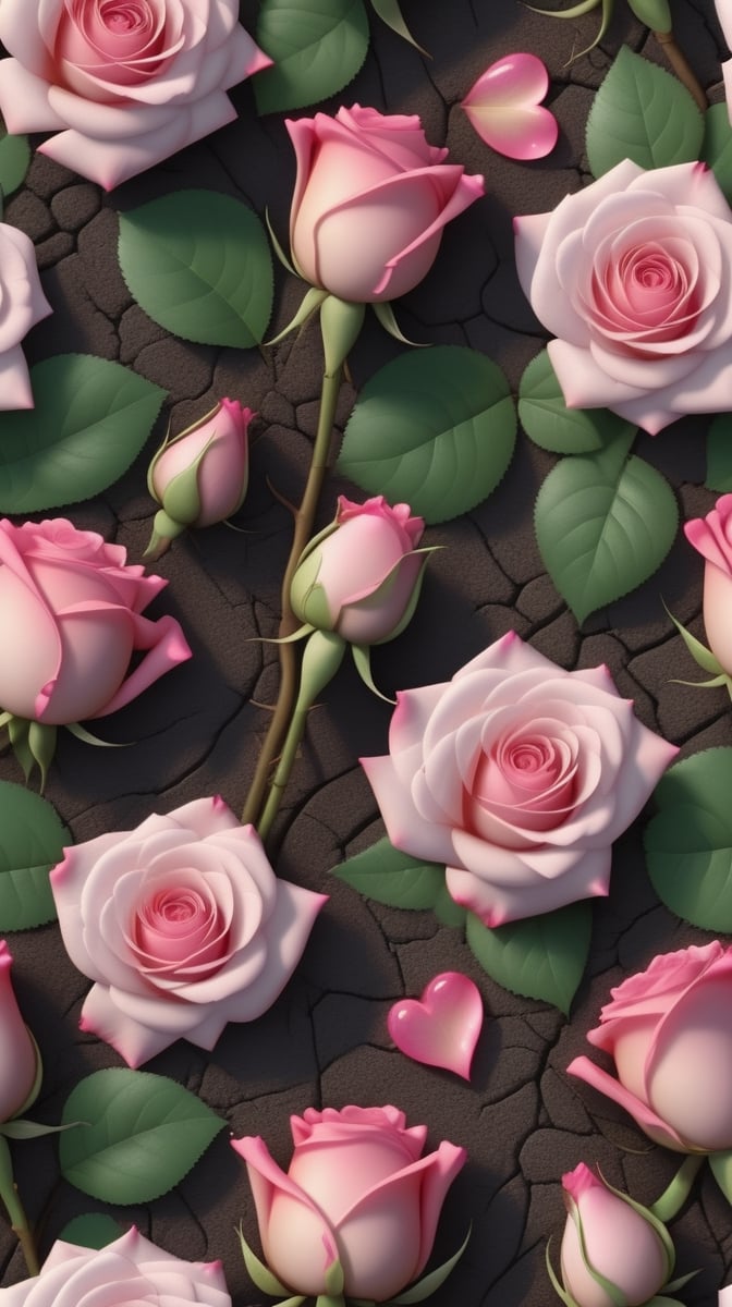 one pink blooming rose,the petals are falling, the petals formed a lovely heart shape on the ground,with a thin root system, high quality,
photorealistic

