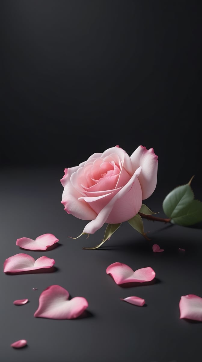 blank pure black background,one pink blooming rose,the petals are falling, the petals formed a lovely heart shape on the ground,with a thin root system, high quality,
photorealistic

