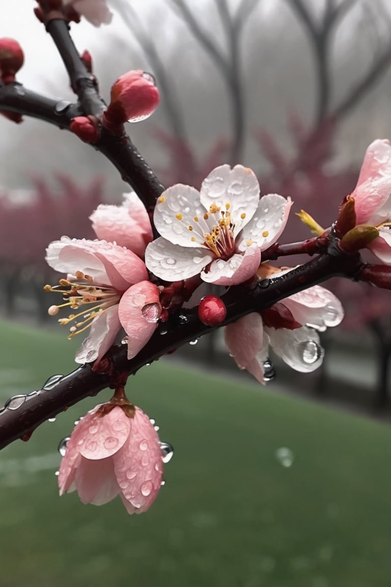  a blooming cherry branch covered in drew and rain drops
