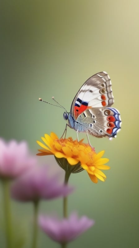 a simple pure blank background, a little colorfull butterfly,gracefully landing on kinds of small flowers, portrayed in a realistic photographic style with a macro lens, capturing the smallest details