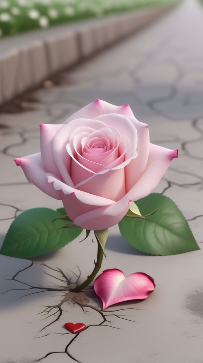 one pink blooming rose,the petals are falling, the petals formed a lovely heart shape on the ground,with a thin root system, high quality,
photorealistic

