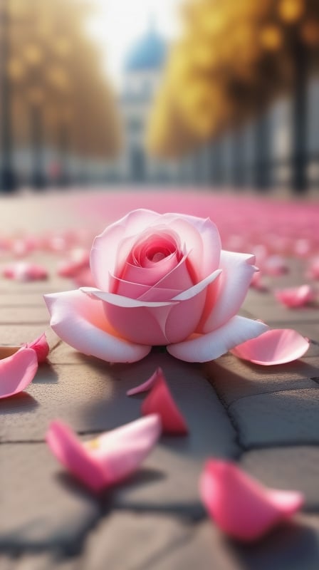 one pink blooming rose,(falling petals),blur background, and the petals formed a vagina shape on the ground,
photorealistic