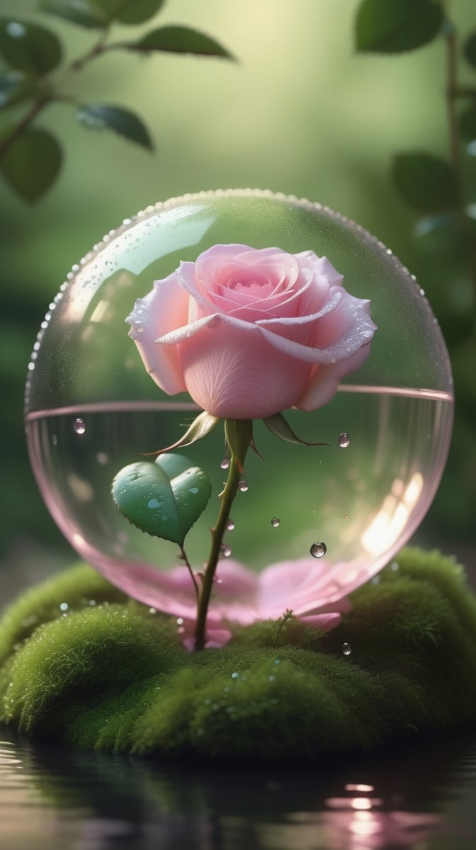 a big transparent sphere filled with clear water and a few droplets of water,below the sphere is a green mossy ground, on which grows a tender pink rose with two large leaves and a thin stem,love heart shape,the entire scene is illuminated by a soft pink light, giving a sense of tranquility and harmony,
photorealistic

