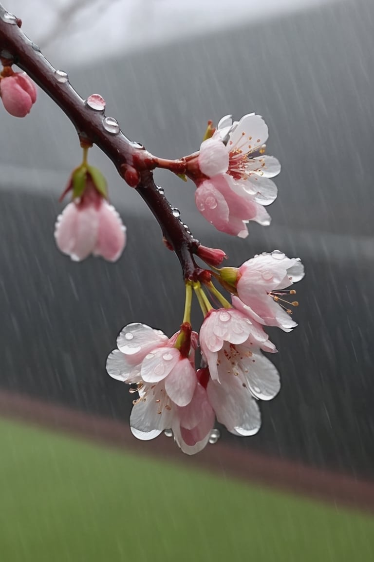  a blooming cherry branch covered in drew and rain drops
