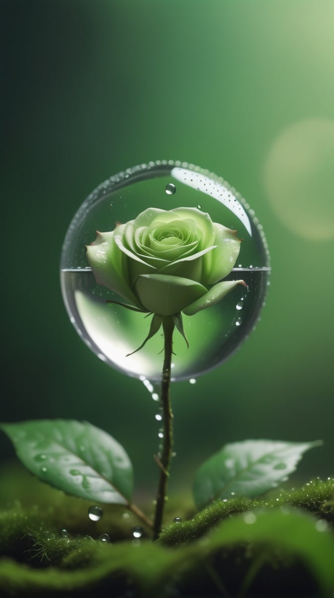 a simple blurred moss green background, a big transparent sphere filled with clear water and a few droplets of water,in which grows a tender green rose with two large leaves and a thin stem,love heart shape,the entire scene is illuminated by a soft green light, giving a sense of tranquility and harmony,
photorealistic

