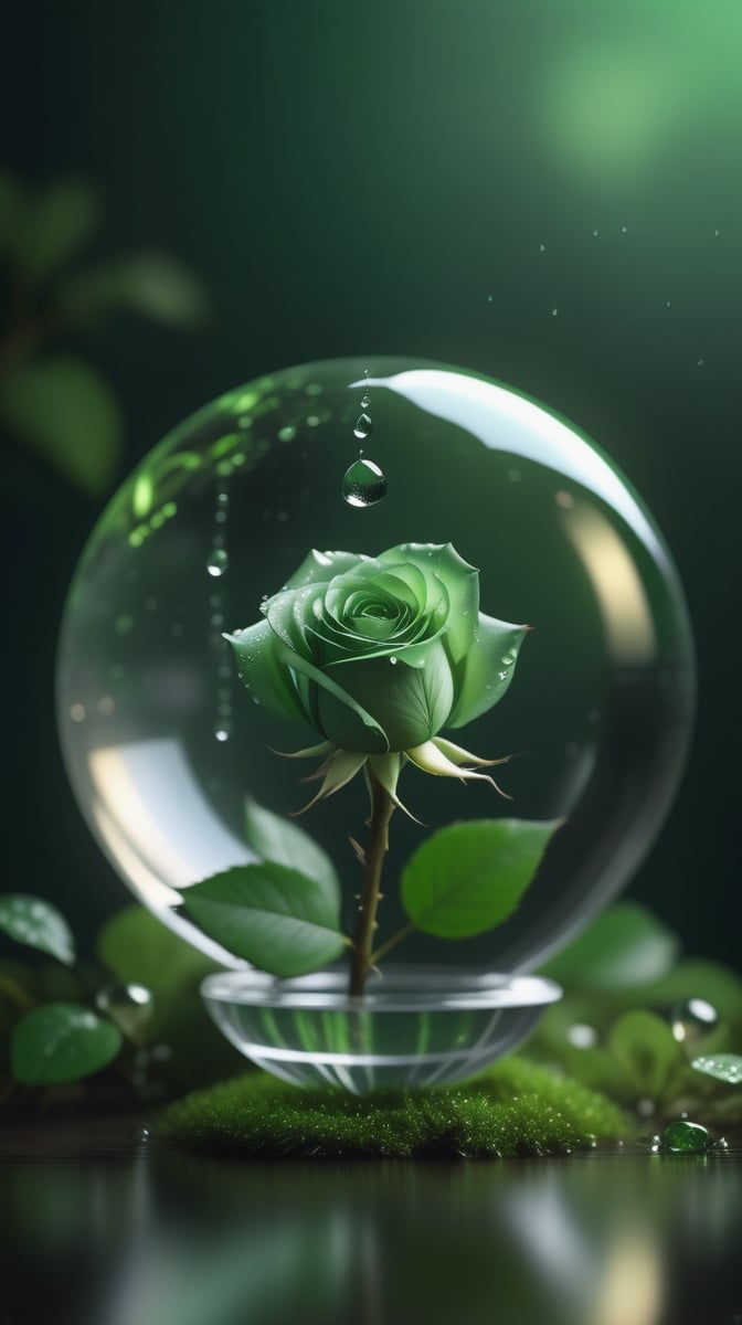 a simple blurred dark moss green background, a big transparent crystal  sphere filled with clear water and a few droplets of water,in which grows a tender green rose with two large leaves and a thin stem,love heart shape,the entire scene is illuminated by a soft green light, giving a sense of tranquility and harmony,
photorealistic

