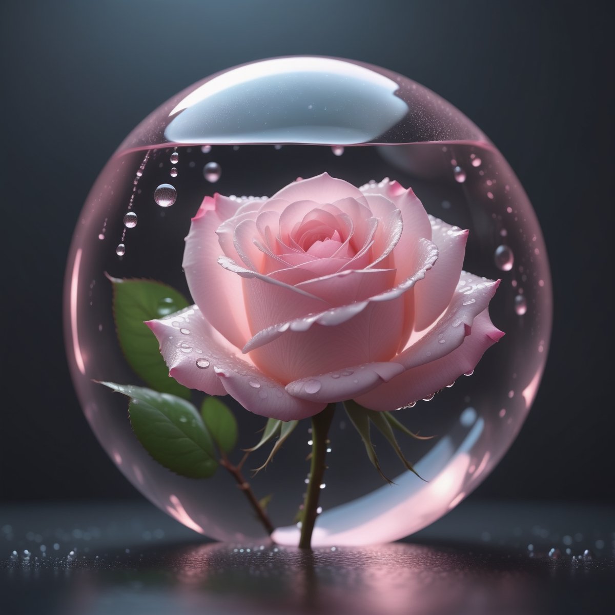 a big transparent sphere filled with clear water and a few droplets of water,in which grows a tender pink rose with two large leaves and a thin stem,love heart shape,the entire scene is illuminated by a soft pink light, giving a sense of tranquility and harmony,
photorealistic

