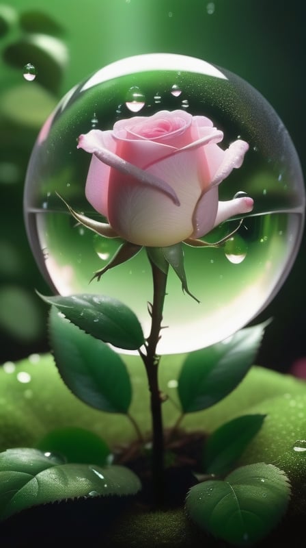 a transparent sphere filled with clear water and a few droplets of water,below the sphere is a green mossy ground, on which grows a tender pink rose with two large leaves and a thin stem,love heart shape,the entire scene is illuminated by a soft green light, giving a sense of tranquility and harmony,
photorealistic

