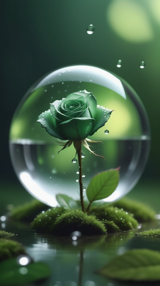 a simple blurred dark moss green background, a big transparent crystal  sphere filled with clear water and a few droplets of water,in which grows a tender green rose with two large leaves and a thin stem,love heart shape,the entire scene is illuminated by a soft green light, giving a sense of tranquility and harmony,
photorealistic

