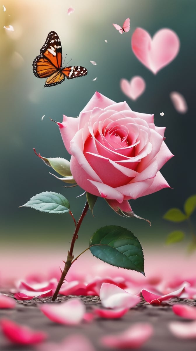 one pink blooming rose,(falling petals),blur background, and the petals formed a heart shape on the ground, photorealistic  ,Butterfly Style