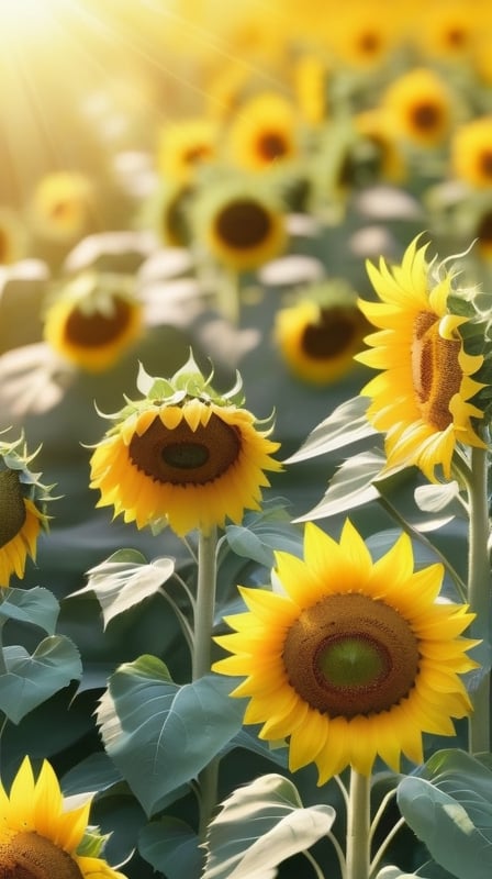 blank pure blured backround,  blooming Sunflowers,  the petals are falling on the ground at the bottom of the picture,  sunlight
high photorealistic