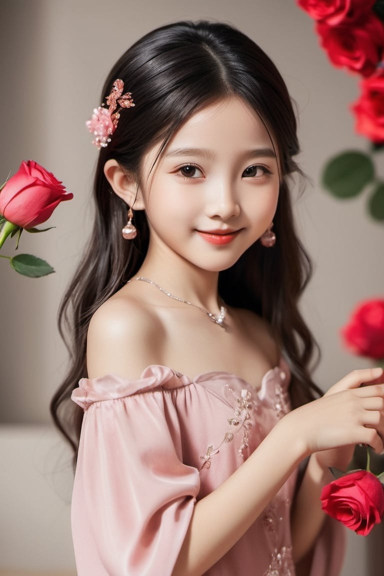 a beautiful chinese girl, 10 year old, off shoulder, rose in hand,giving it for you,smile to you, perfect hands ,details,looking_at_viewer