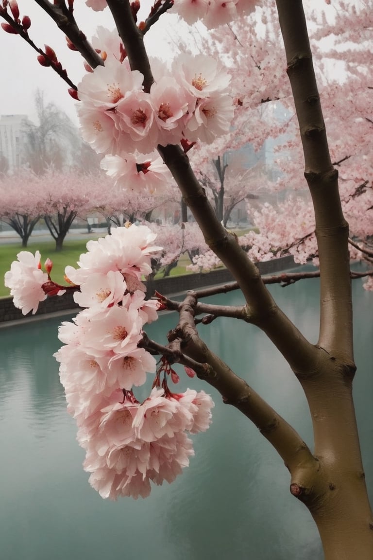  a blooming cherry branch covered by heavy drew
