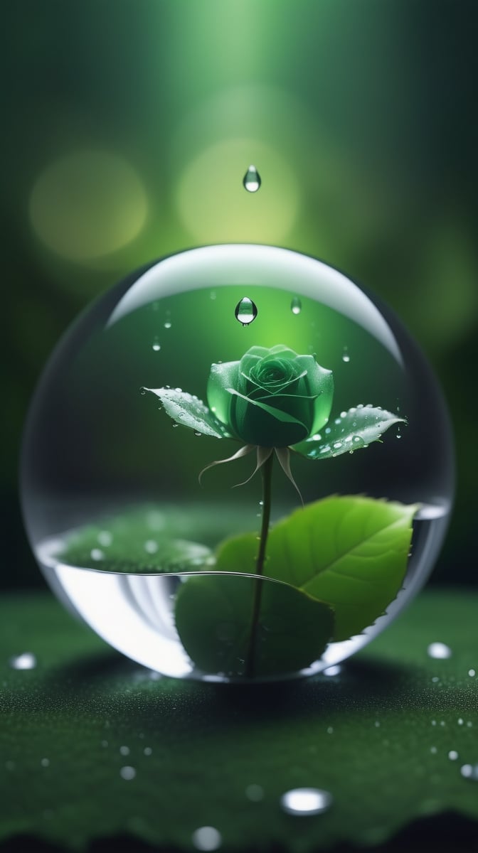 a simple blurred dark moss green background, a big transparent crystal  sphere filled with clear water and a few droplets of water,in which grows a tender green rose with two large leaves and a thin stem,love heart shape,the entire scene is illuminated by a soft green light, giving a sense of tranquility and harmony,
photorealistic

