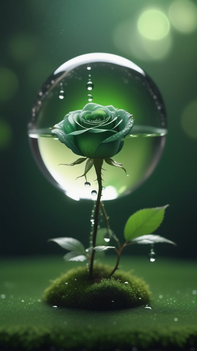 a simple blurred dark moss green background, a big transparent crystal  sphere filled with clear water and a few droplets of water,in which grows a tender green rose with two large leaves and a thin stem,love heart shape,the entire scene is illuminated by a soft green light, giving a sense of tranquility and harmony,
photorealistic

