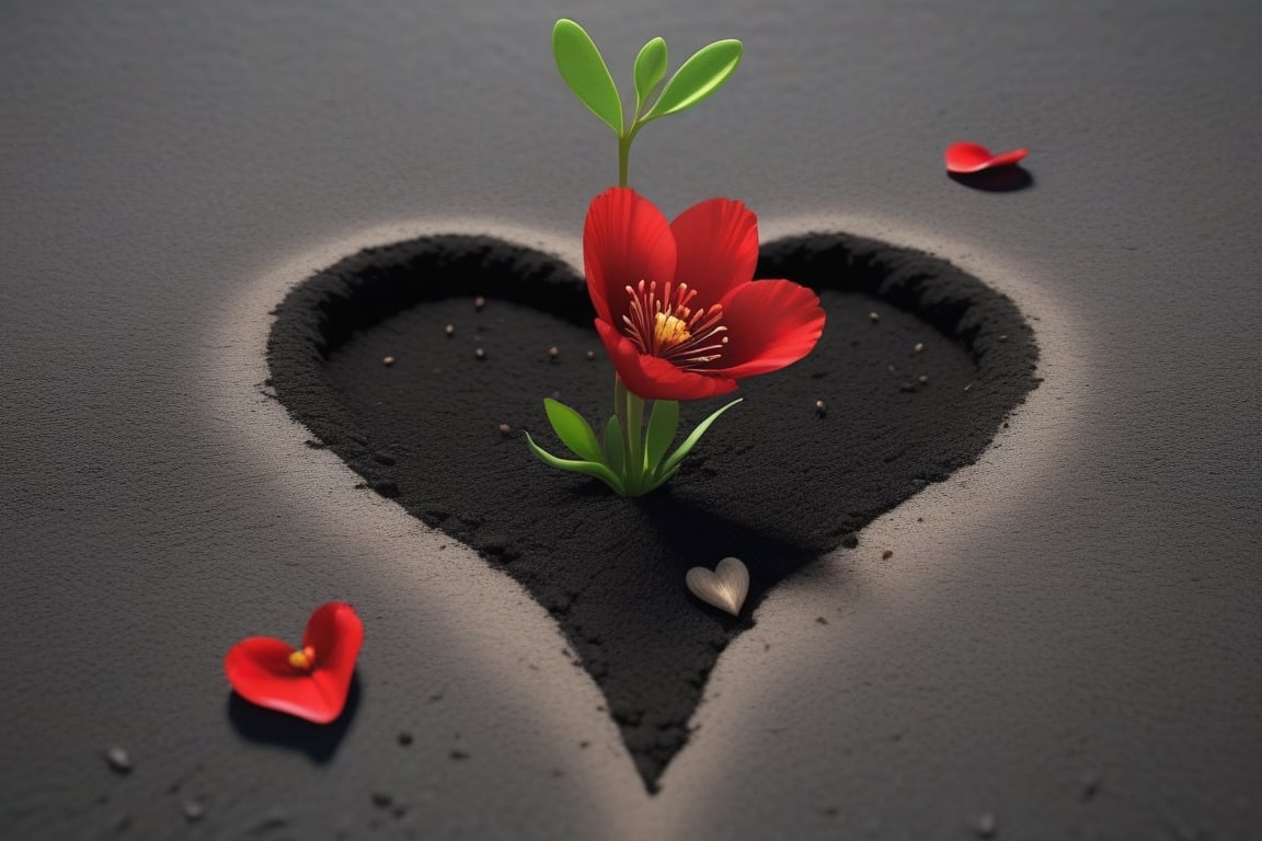 blank pure lightblack backround, one sprouting seed with thin root system on the ground at the bottom of the picture, 3 red blooming flowers,the petals are falling, and some of them makd up a lovely heart shape on the ground,high photorealistic