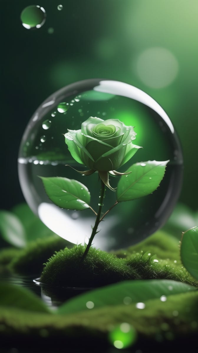 a simple blurred dark moss green background, a big transparent crystal  sphere filled with clear water and a few droplets of water,in which grows a tender green rose with two large leaves and a thin stem,love heart shape,the entire scene is illuminated by a soft green light, giving a sense of tranquility and harmony,
photorealistic

