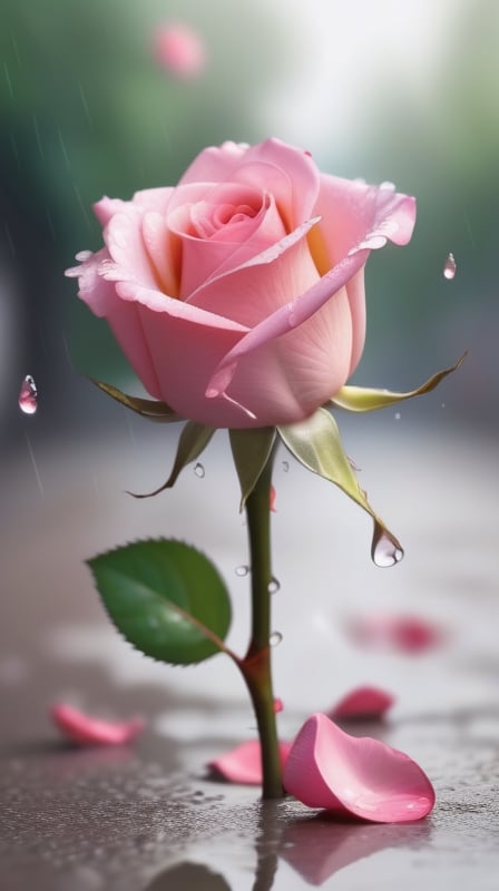 one pink blooming rose,(falling petals),blur background, and the petals formed a  wet pussy shape on the ground,
photorealistic