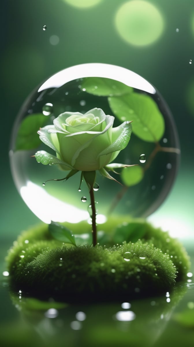 a simple blurred moss green background, a big transparent sphere filled with clear water and a few droplets of water,in which grows a tender green rose with two large leaves and a thin stem,love heart shape,the entire scene is illuminated by a soft green light, giving a sense of tranquility and harmony,
photorealistic

