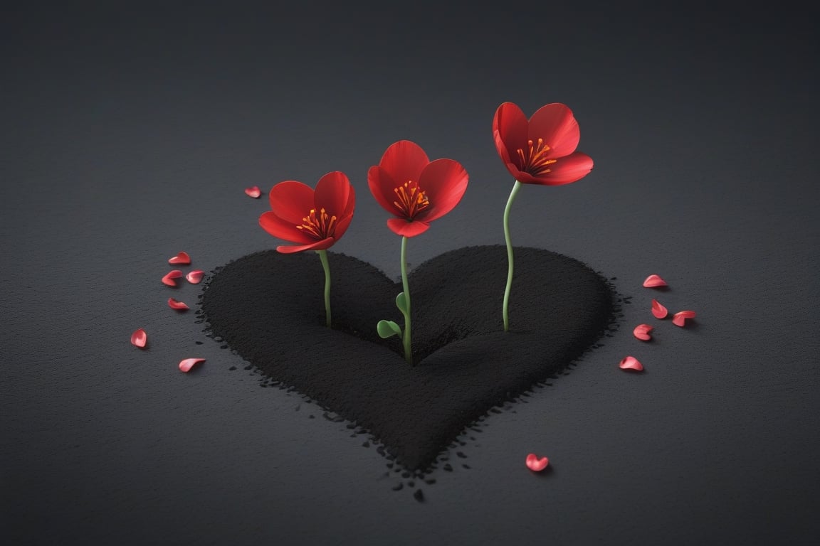 blank pure lightblack backround, one sprouting seed with thin root system on the ground at the bottom of the picture, 3 red blooming flowers,the petals are falling, and some of them makd up a lovely heart shape on the ground,high photorealistic