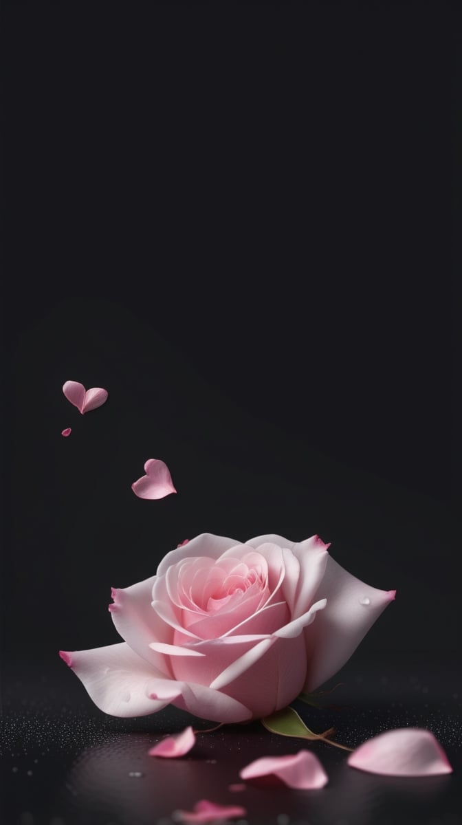 blank pure black background,one pink blooming rose,the petals are falling, the petals formed a lovely heart shape on the ground,with a thin root system, high quality,
photorealistic

