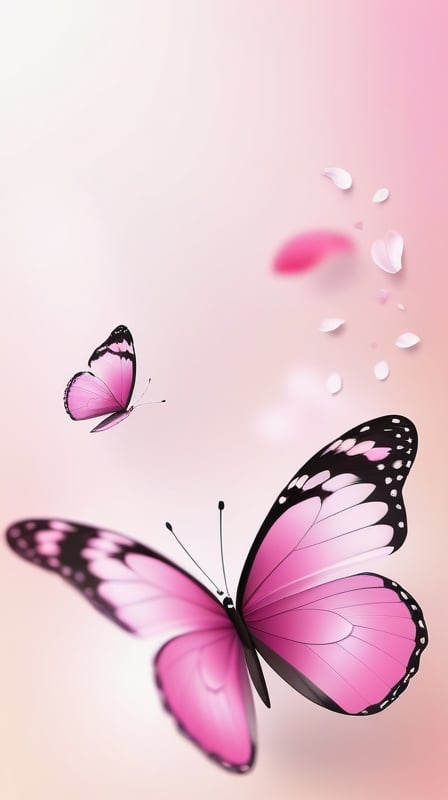 blank pure simple blank backround with one pink colorfully butterfly,(falling petals),blur background,  photorealistic